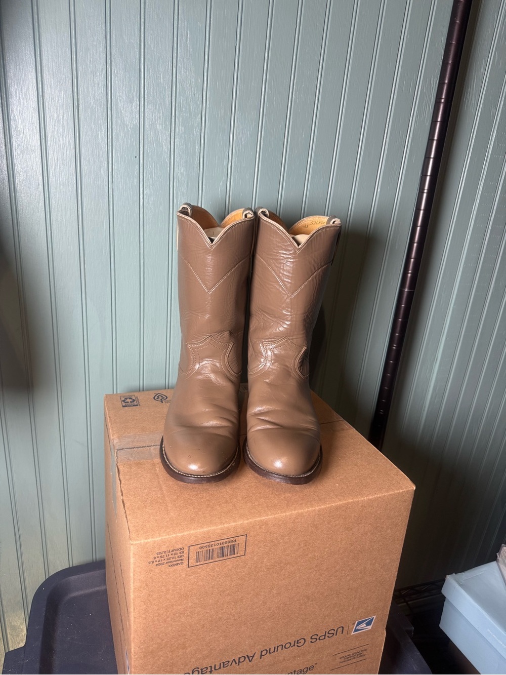 Justin Roper Taupe Leather Western Pull-On Cowboy Boots original Made in USA